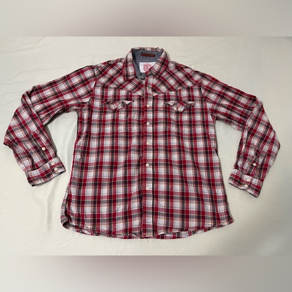 Christian‎ Audigier Shirt Mens XL Red White Plaid Button Up Designer Pockets - Picture 1 of 5